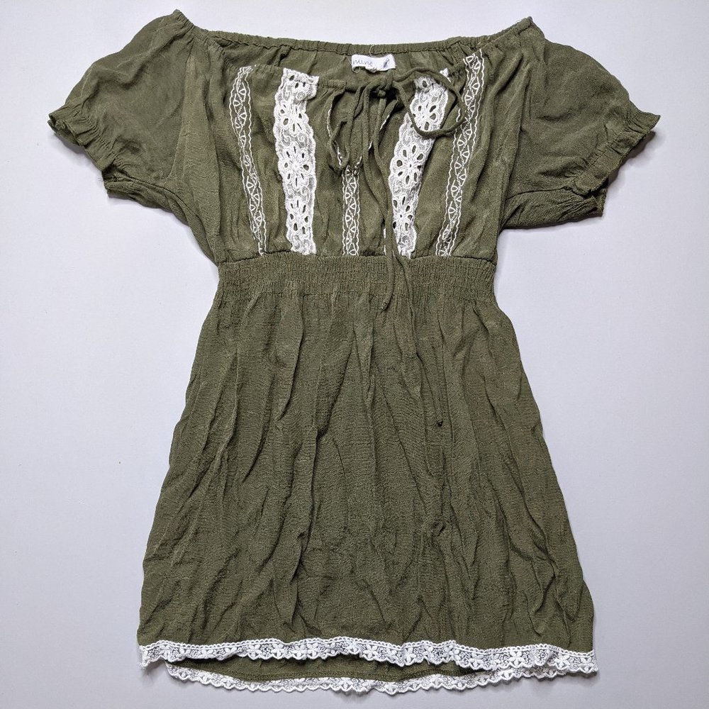 Peasant Blouse Olive Green White Eyelet details gathered sleeves (S) Mine